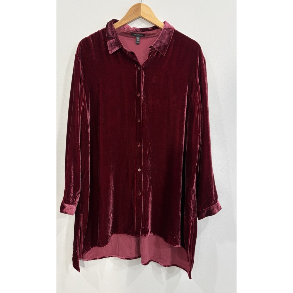 Eileen Fisher Velvet Silk Blend Tunic Top XL Burgundy Button Front Long Sleeve